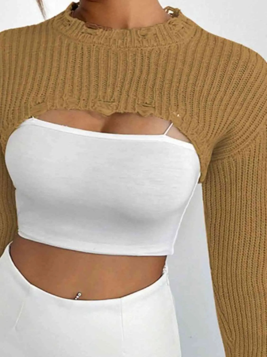 Distressed Long Sleeve Cropped Sweater Trendsi
