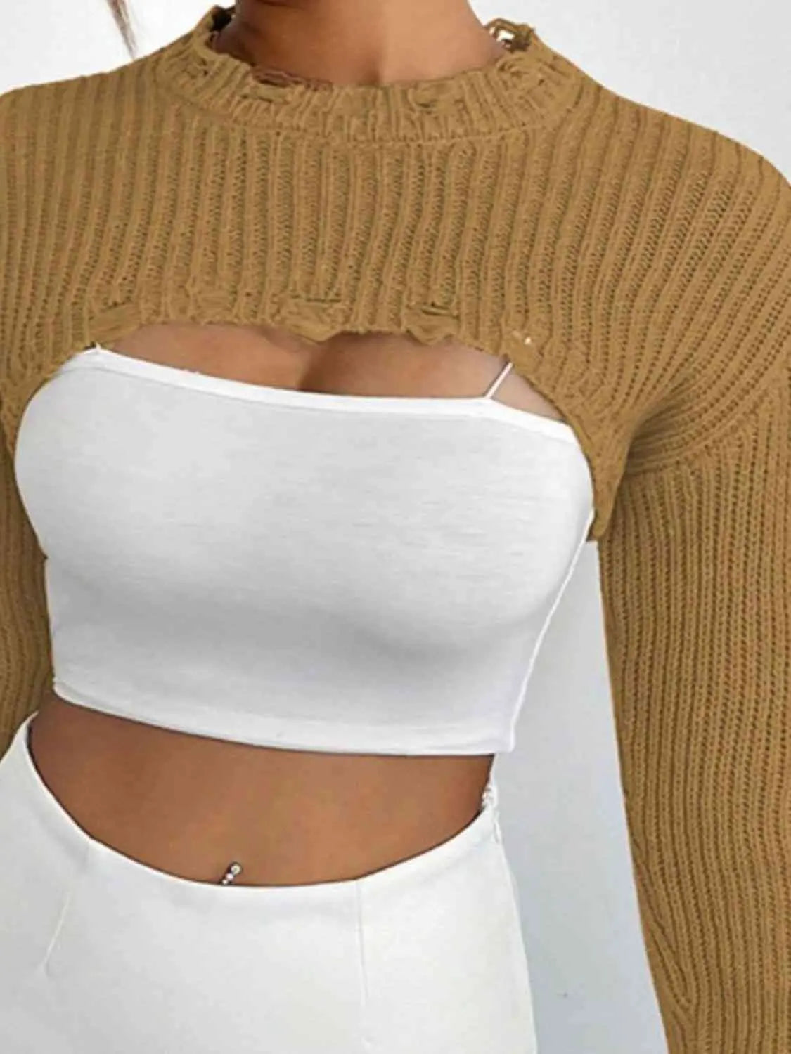 Distressed Long Sleeve Cropped Sweater Trendsi