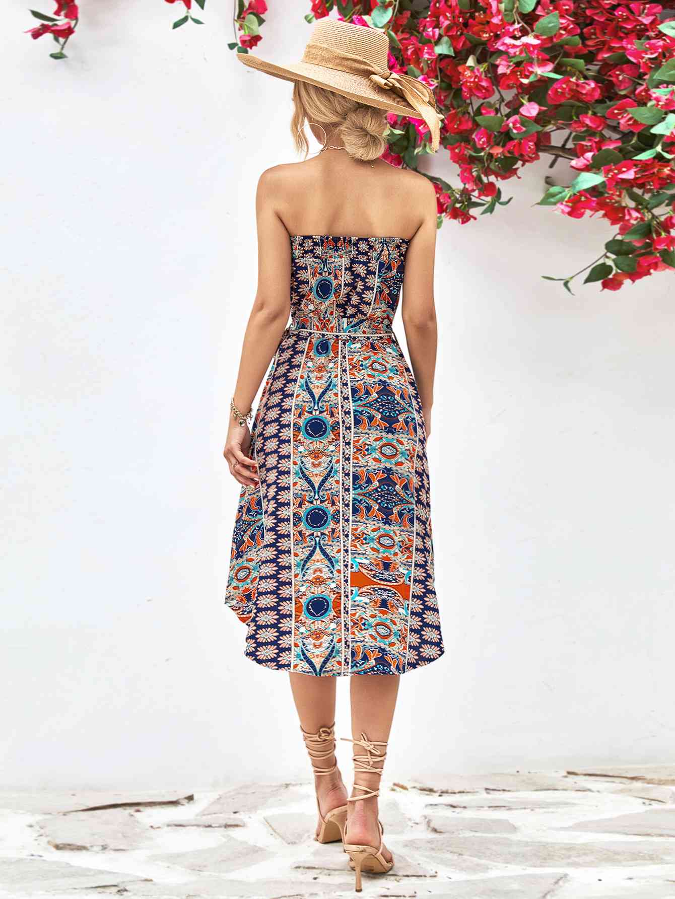 Printed Strapless Tie Belt Dress -BazaarBey - www.shopbazaarbey.com