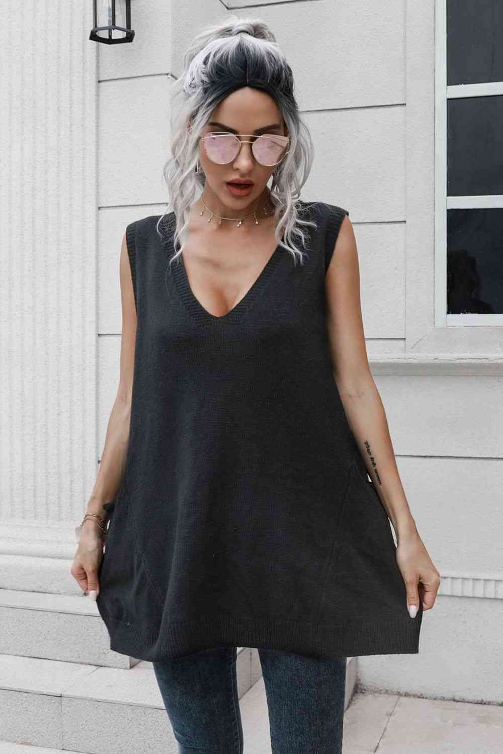 V-Neck Sleeveless Sweater Vest with Pocket Bazaarbey