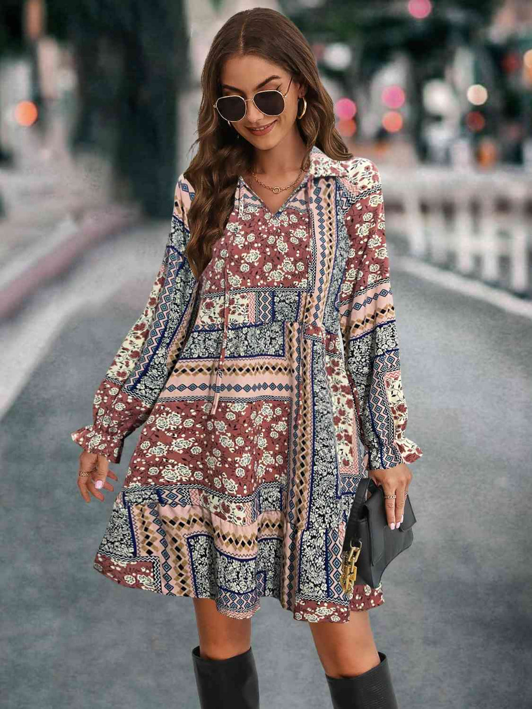Printed Tie Front Flounce Sleeve Dress -BazaarBey - www.shopbazaarbey.com