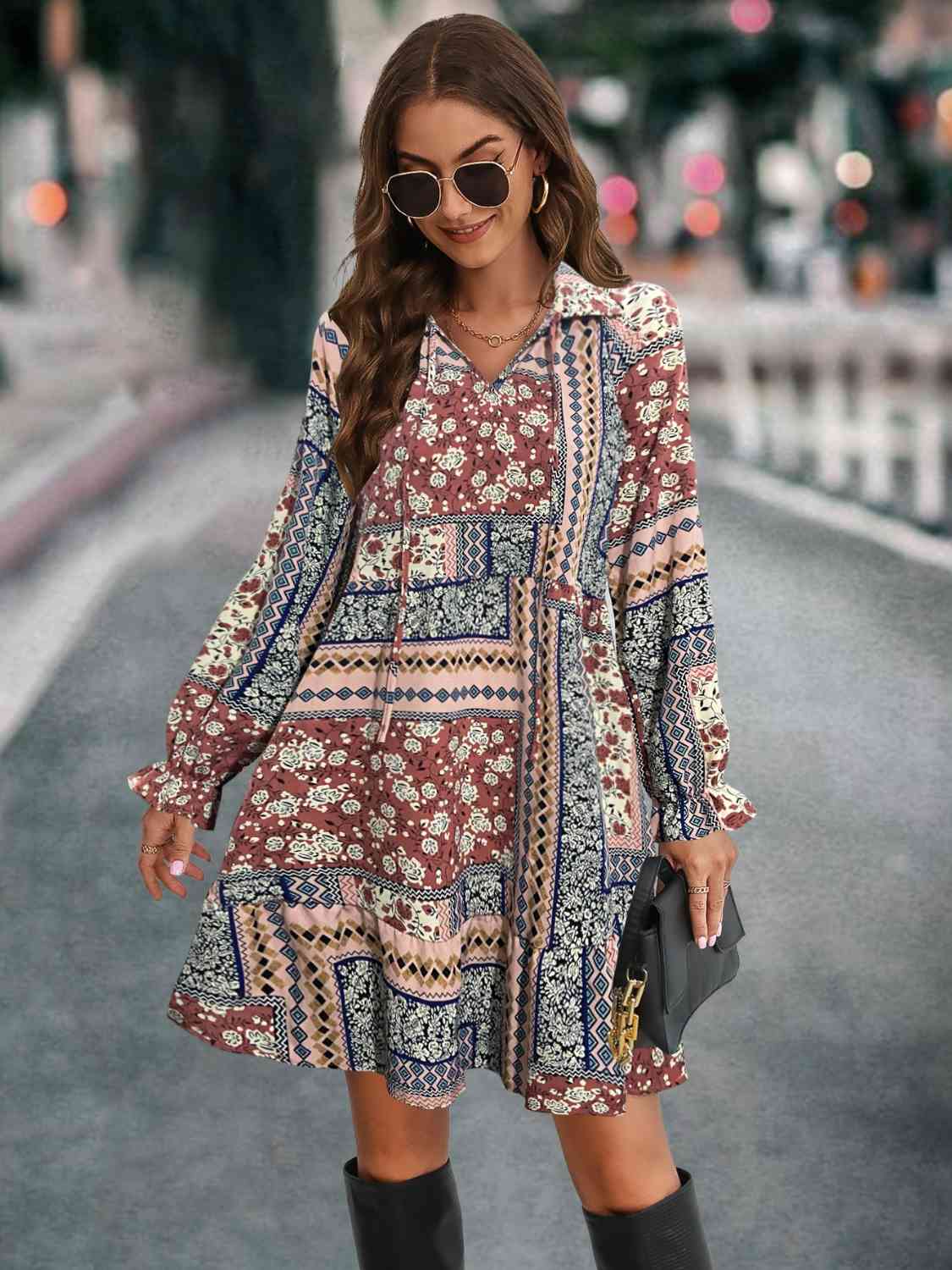 Printed Tie Front Flounce Sleeve Dress -BazaarBey - www.shopbazaarbey.com