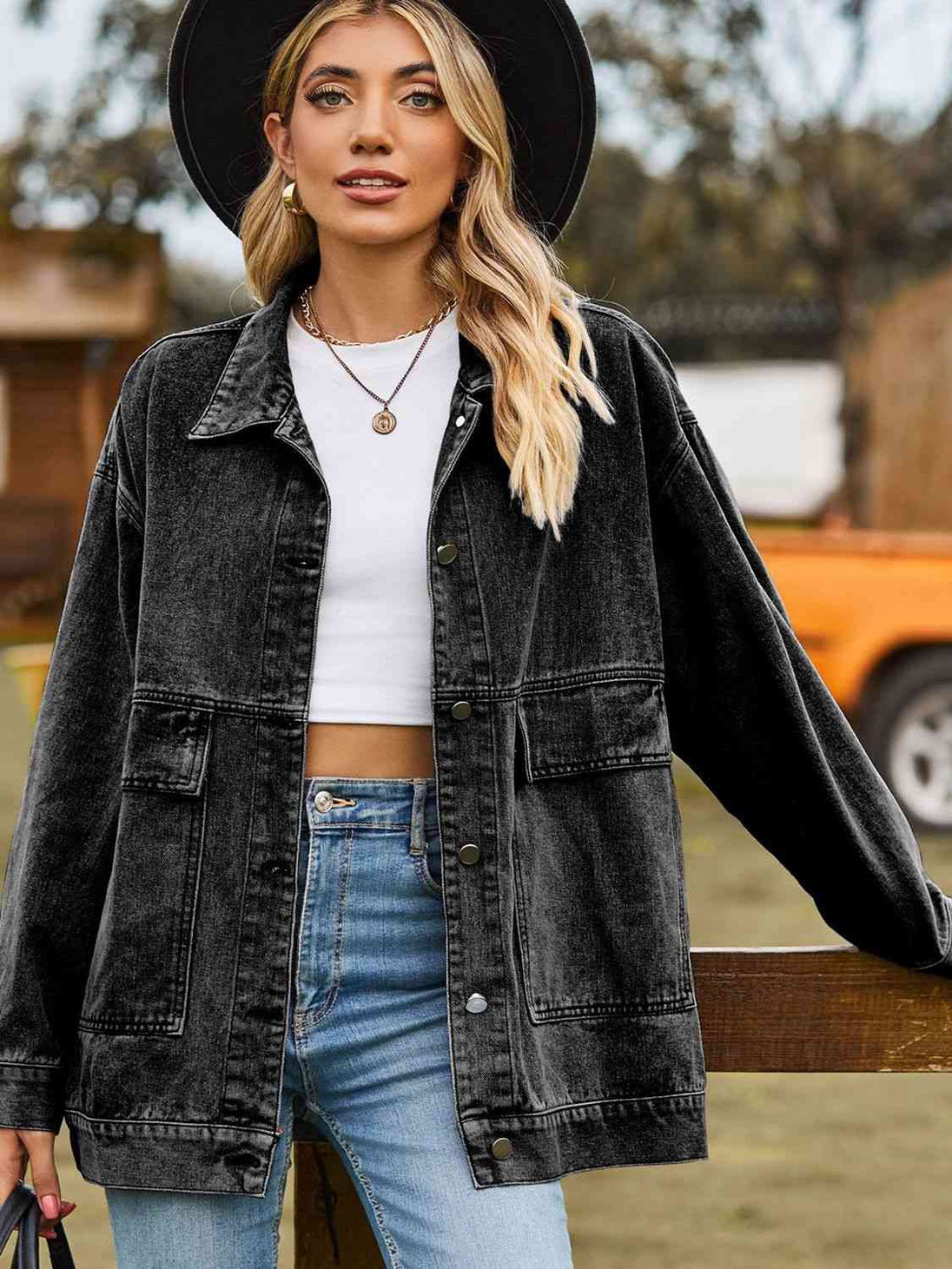 Dropped Shoulder Denim Jacket with Pockets Bazaarbey