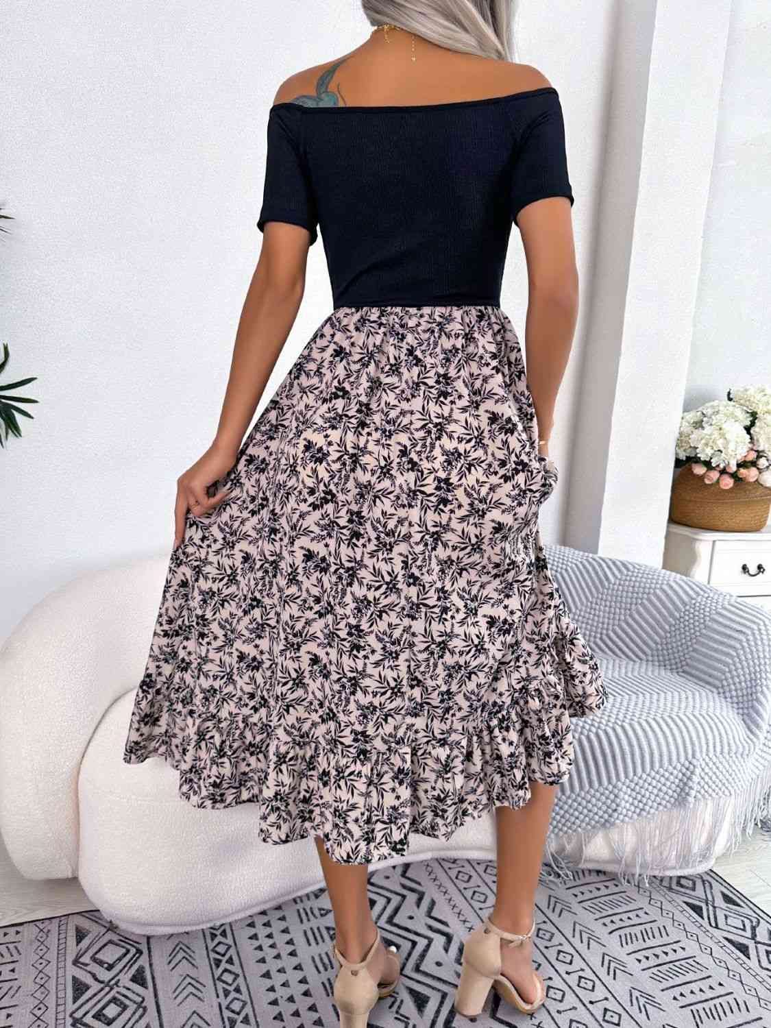 Printed Off-Shoulder Ruffle Hem Dress -BazaarBey - www.shopbazaarbey.com