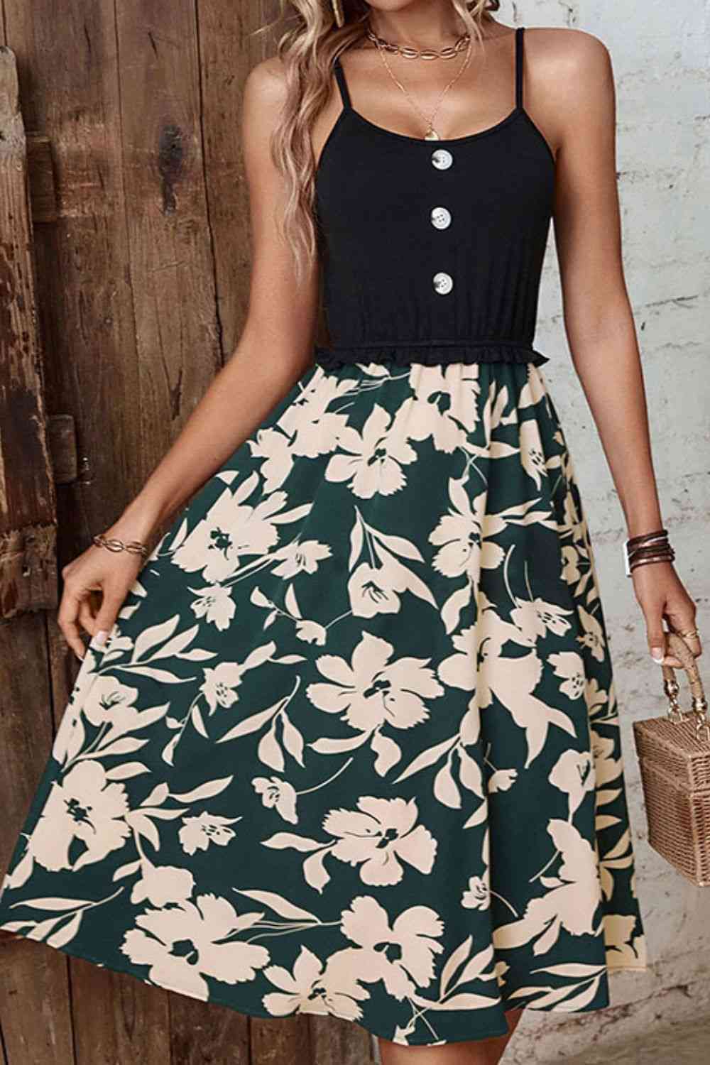 Two-Tone Decorative Button Frilled Dress -BazaarBey - www.shopbazaarbey.com