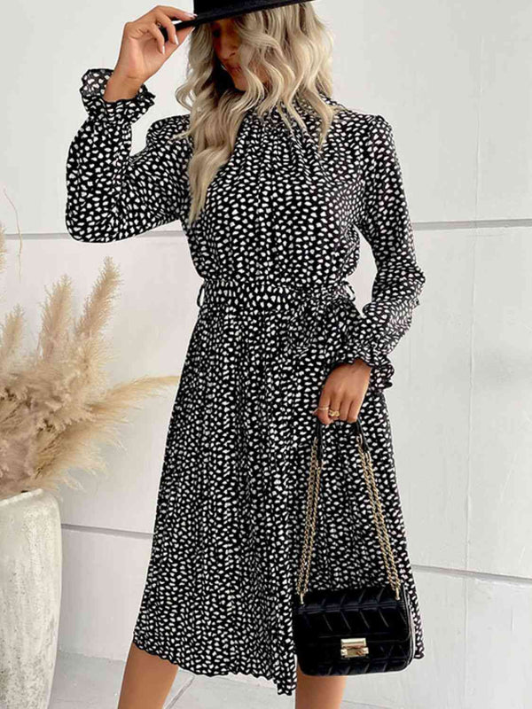 Printed Tie-Waist Flounce Sleeve Keyhole Midi Dress -BazaarBey - www.shopbazaarbey.com