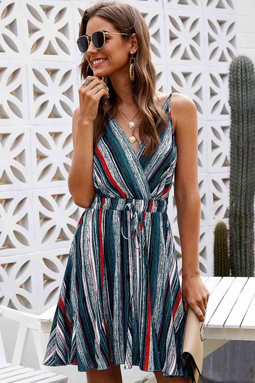 Striped  Neck Spaghetti Strap Dress -BazaarBey - www.shopbazaarbey.com