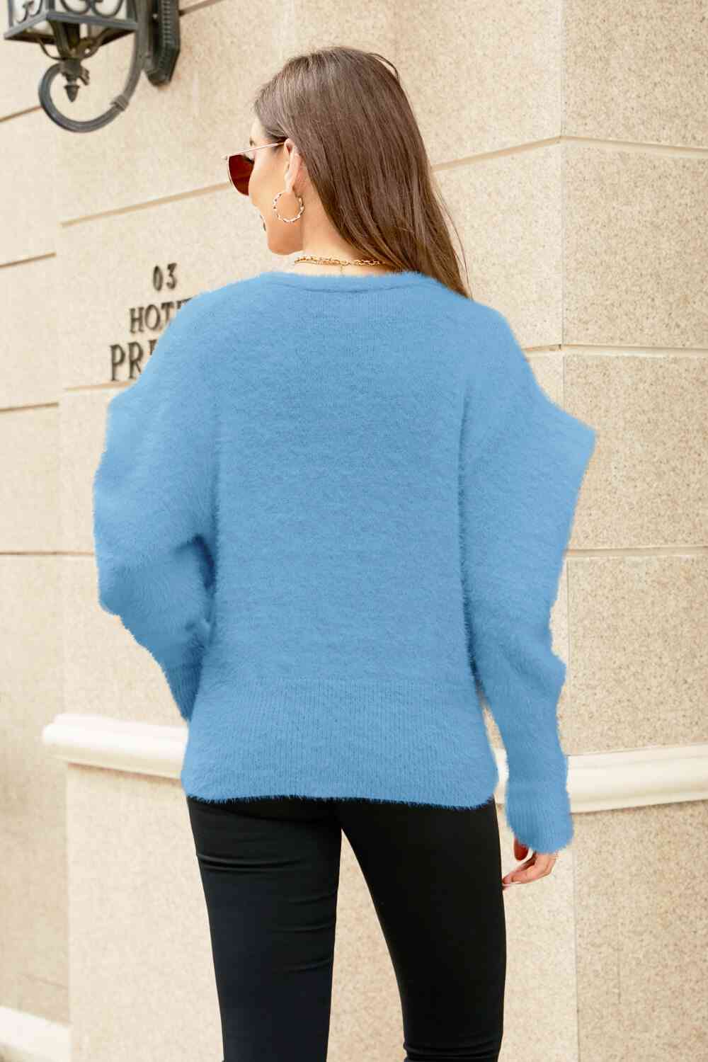 Puff Sleeve V-Neck Fuzzy Cardigan Trendsi