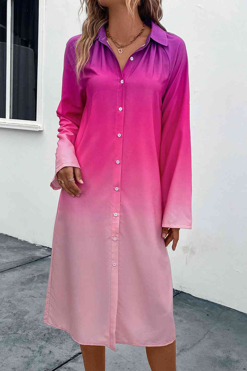 Gradient Long Sleeve Shirt Dress -BazaarBey - www.shopbazaarbey.com