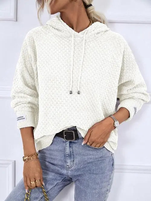 Texture Drawstring Long Sleeve Hooded Sweater Bazaarbey