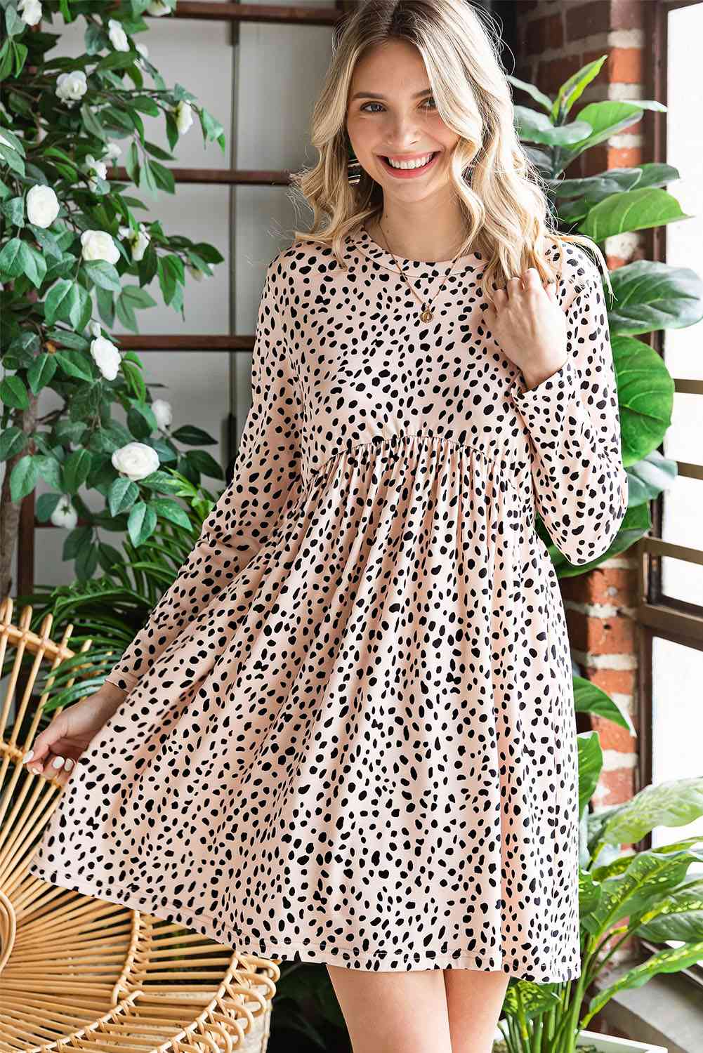 Printed Round Neck Long Sleeve Dress -BazaarBey - www.shopbazaarbey.com