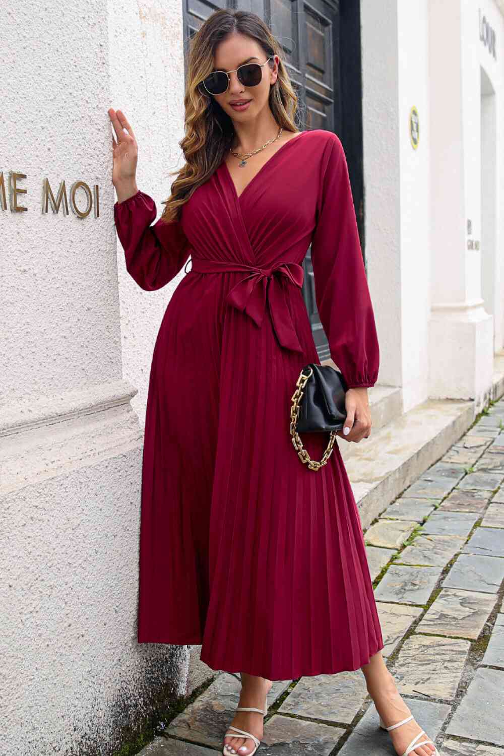 Pleated Long Sleeve  Maxi Dress -BazaarBey - www.shopbazaarbey.com
