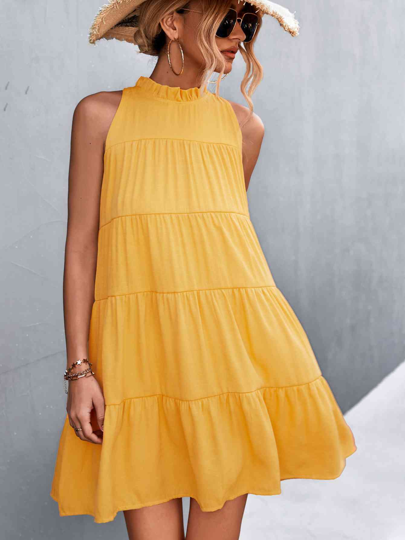Tie Back Mock Neck Tiered Dress -BazaarBey - www.shopbazaarbey.com
