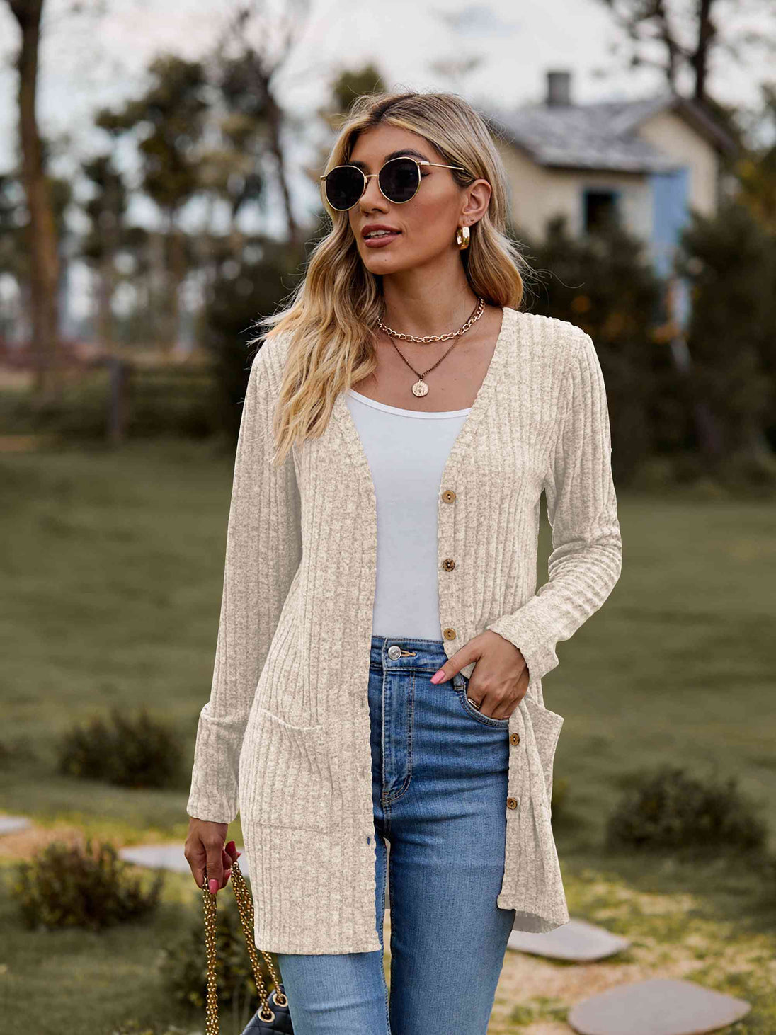 Ribbed Button-Up Cardigan with Pockets Trendsi