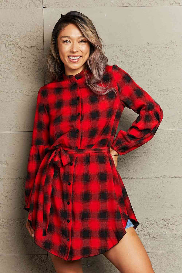 Plaid Tie Waist Balloon Sleeve Mini Dress -BazaarBey - www.shopbazaarbey.com