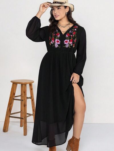 Plus Size Embroidered Tie Neck Long Sleeve Dress -BazaarBey - www.shopbazaarbey.com