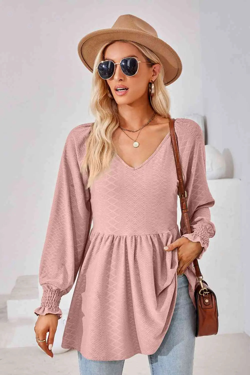 V-Neck Lantern Sleeve Blouse Bazaarbey