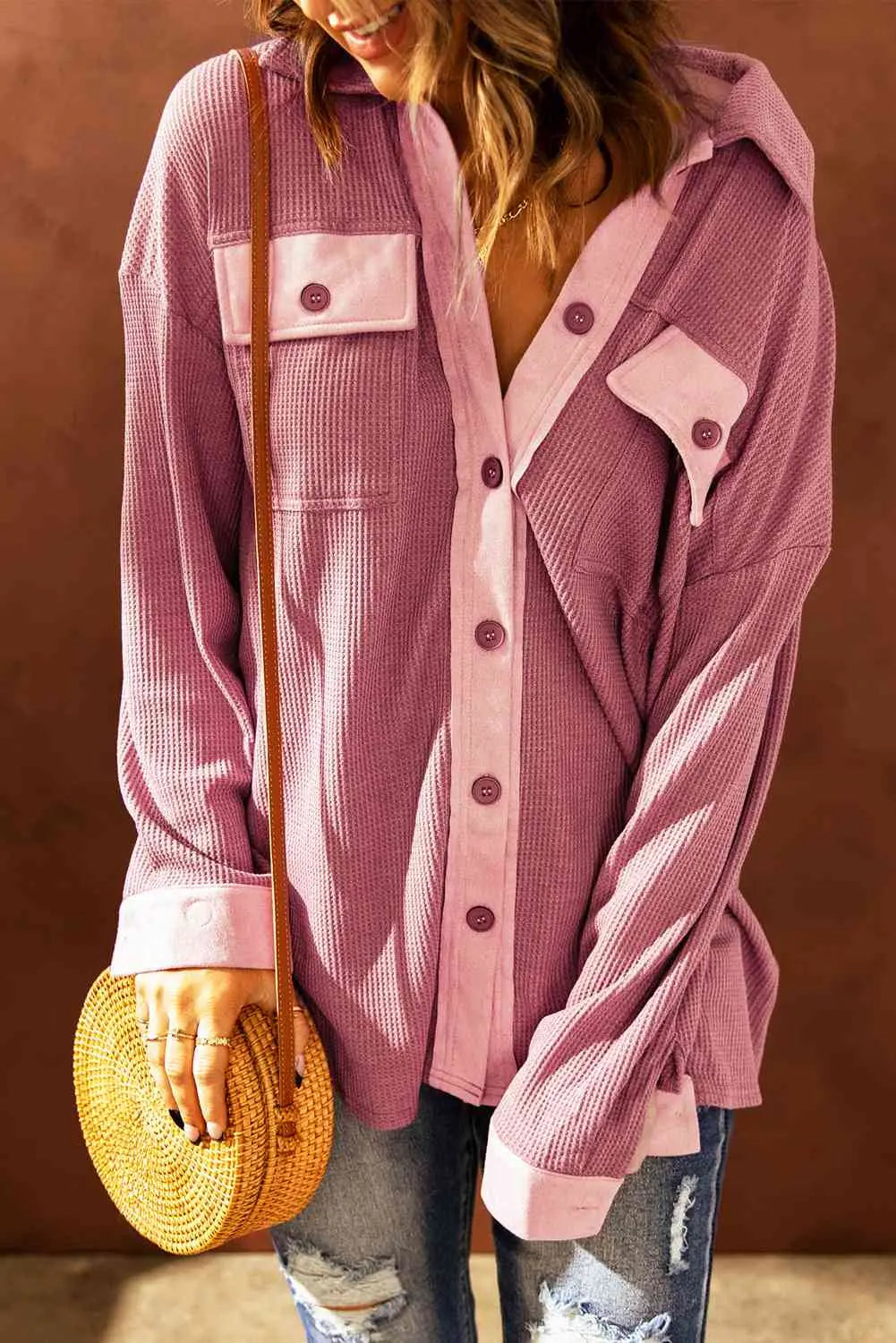  Contrast Waffle-Knit Shirt Jacket Bazaarbey
