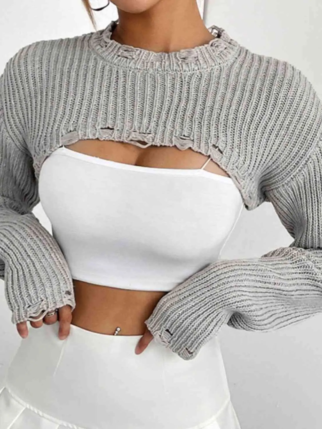 Distressed Long Sleeve Cropped Sweater Trendsi