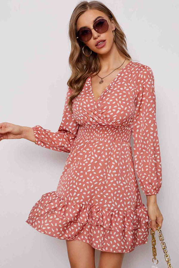 Printed  Neck Puff Sleeve Ruffle Hem Dress -BazaarBey - www.shopbazaarbey.com