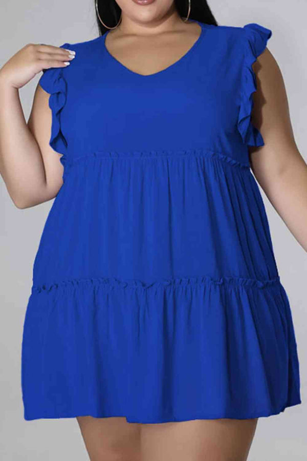 Plus Size V-Neck Frill Trim Mini Dress -BazaarBey - www.shopbazaarbey.com