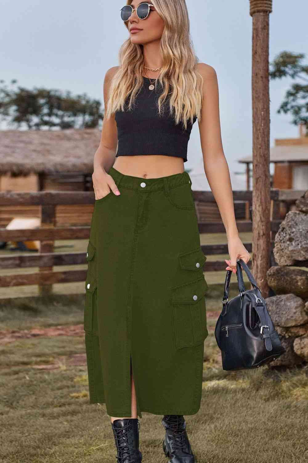 Slit Front Midi Denim Skirt with Pockets Trendsi