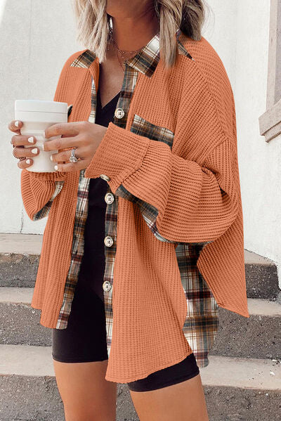 Plaid Button Down Collared Jacket Trendsi