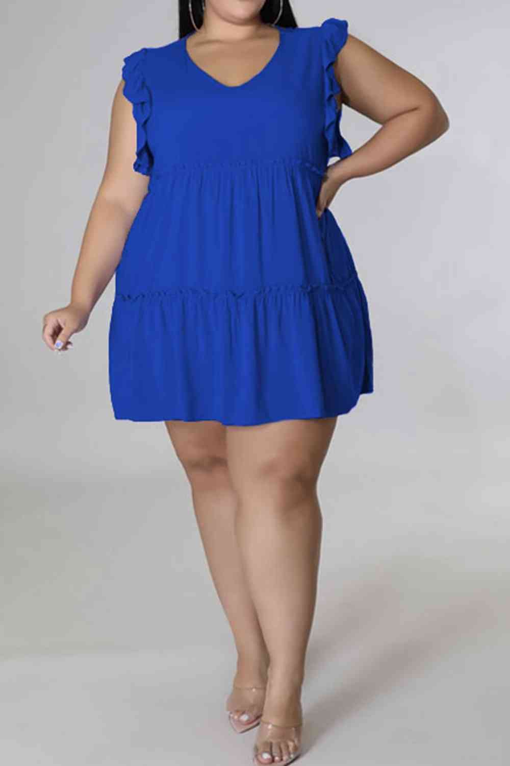 Plus Size V-Neck Frill Trim Mini Dress -BazaarBey - www.shopbazaarbey.com