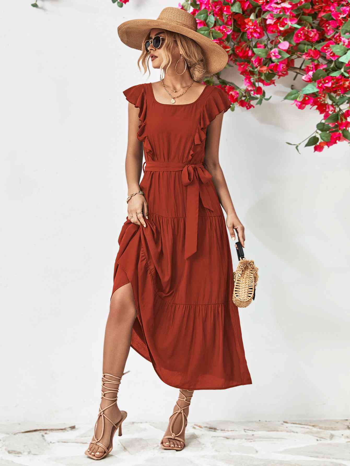 Tie Belt Ruffled Tiered Dress -BazaarBey - www.shopbazaarbey.com