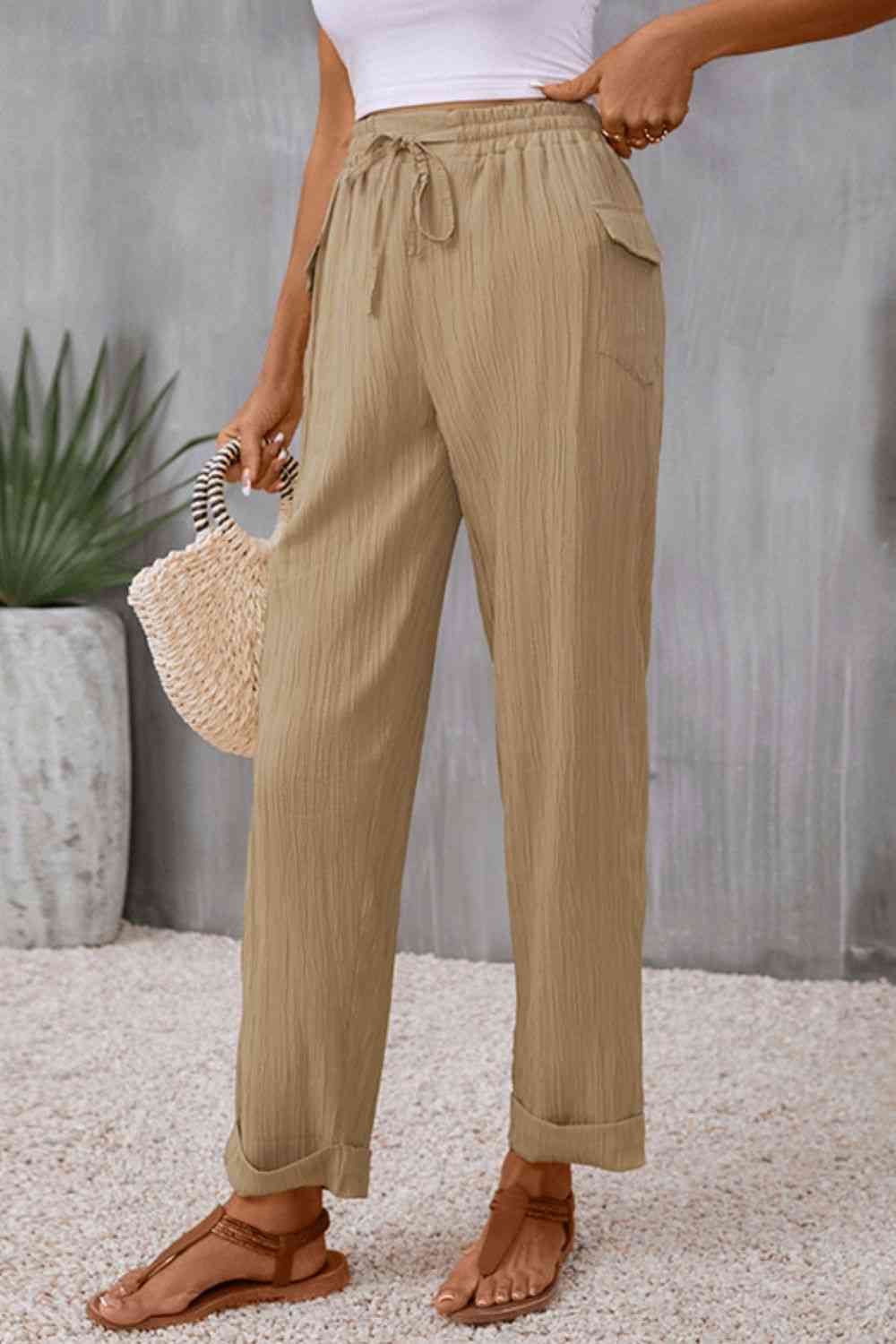 Tie Waist Pocketed Long Pants Bazaarbey
