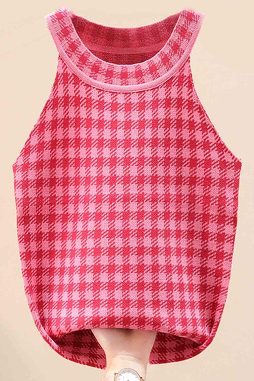 Plaid Round Neck Sleeveless Knit Top Trendsi