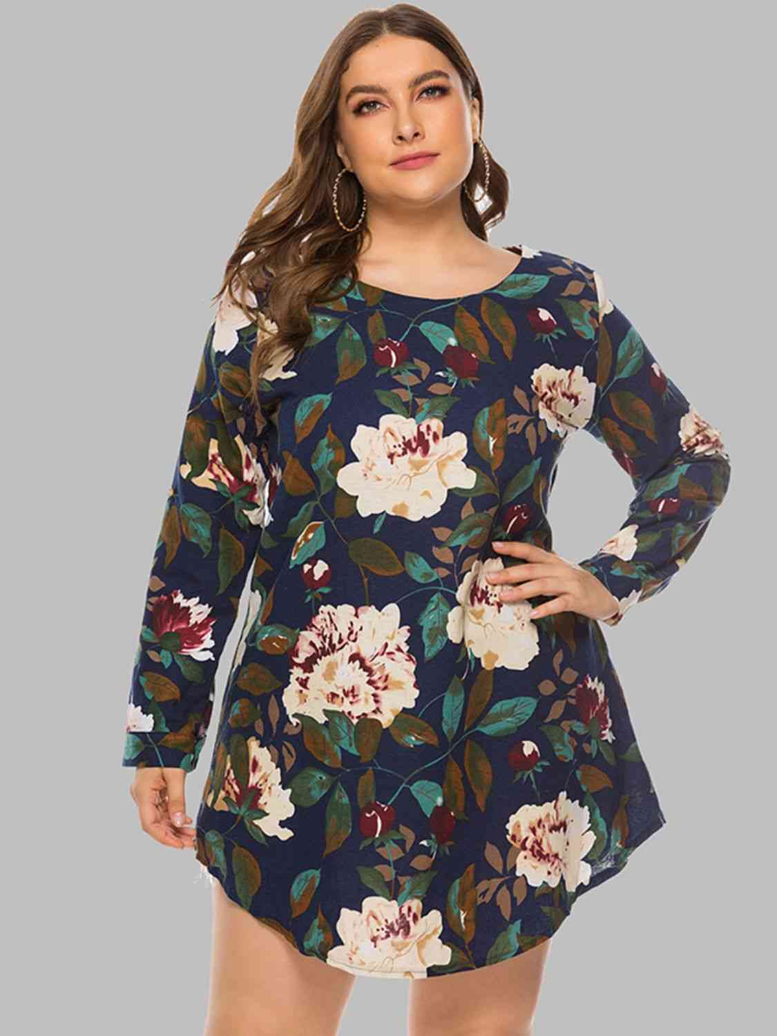 Full Size Floral Long Sleeve Mini Dress -BazaarBey - www.shopbazaarbey.com