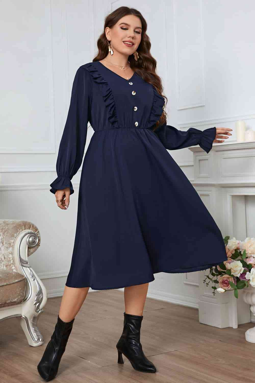  Apparel Plus Size V-Neck Buttoned Flounce Sleeve Dress -BazaarBey - www.shopbazaarbey.com