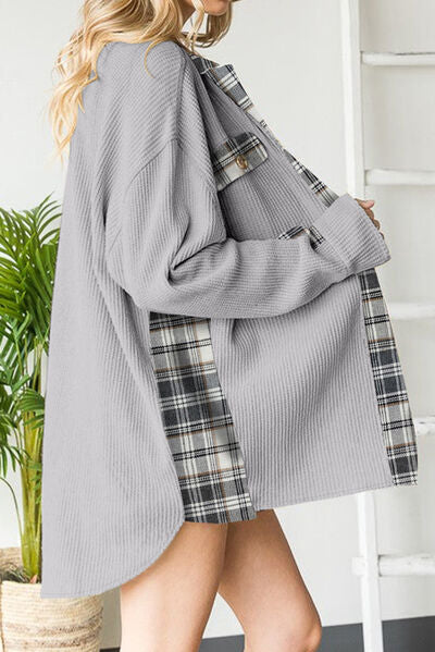Plaid Button Down Collared Jacket Trendsi