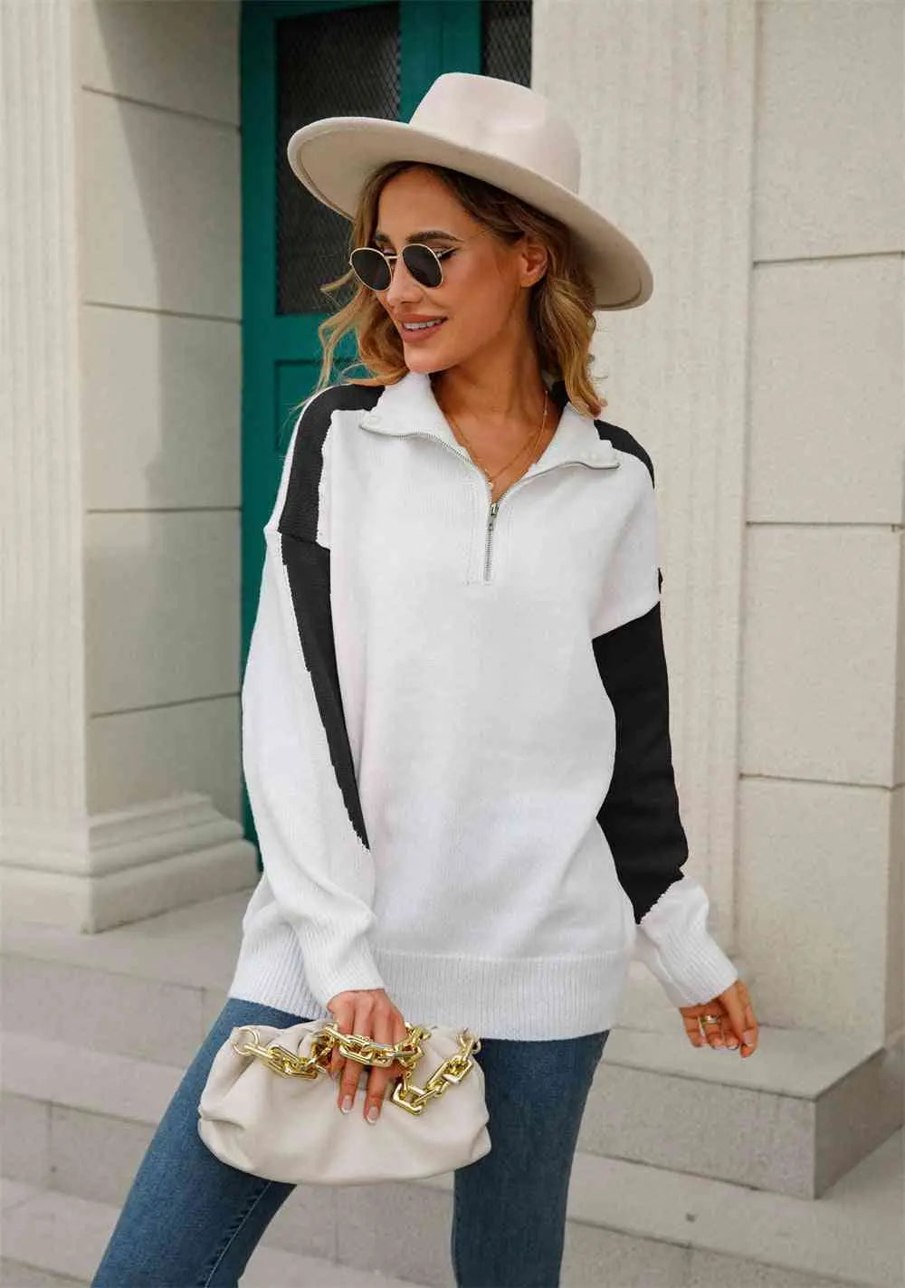 Two-Tone Collared Neck Dropped Shoulder Knit Top Trendsi
