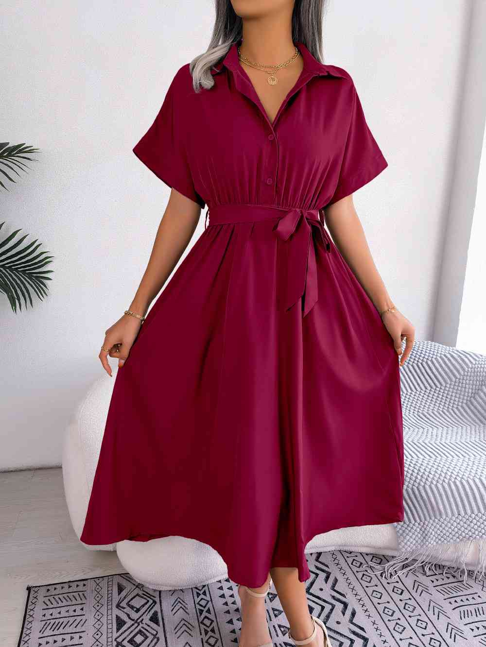 Short Sleeve Collared Tie Belt Dress -BazaarBey - www.shopbazaarbey.com