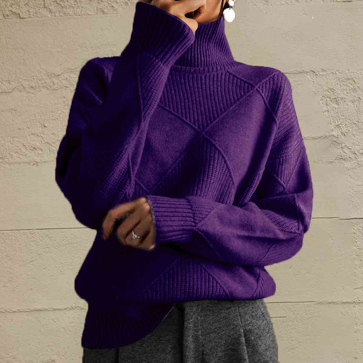 Geometric Turtleneck Long Sleeve Sweater Bazaarbey