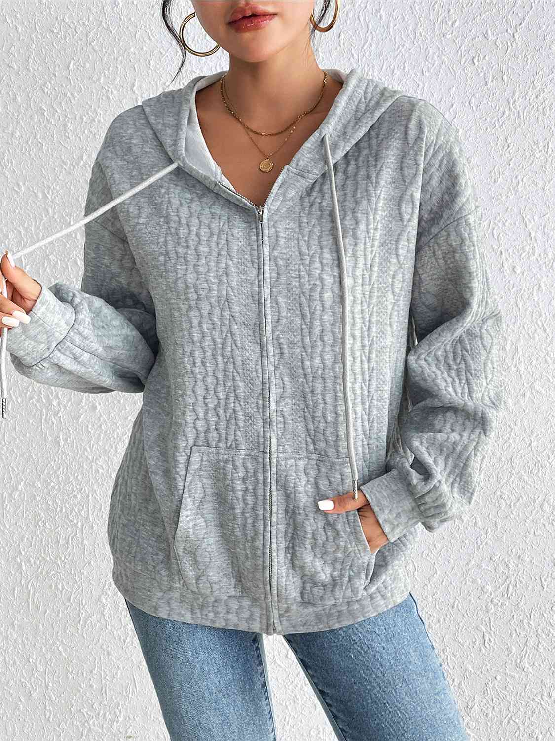 Zip Up Drawstring Long Sleeve Hoodie with Pockets Trendsi
