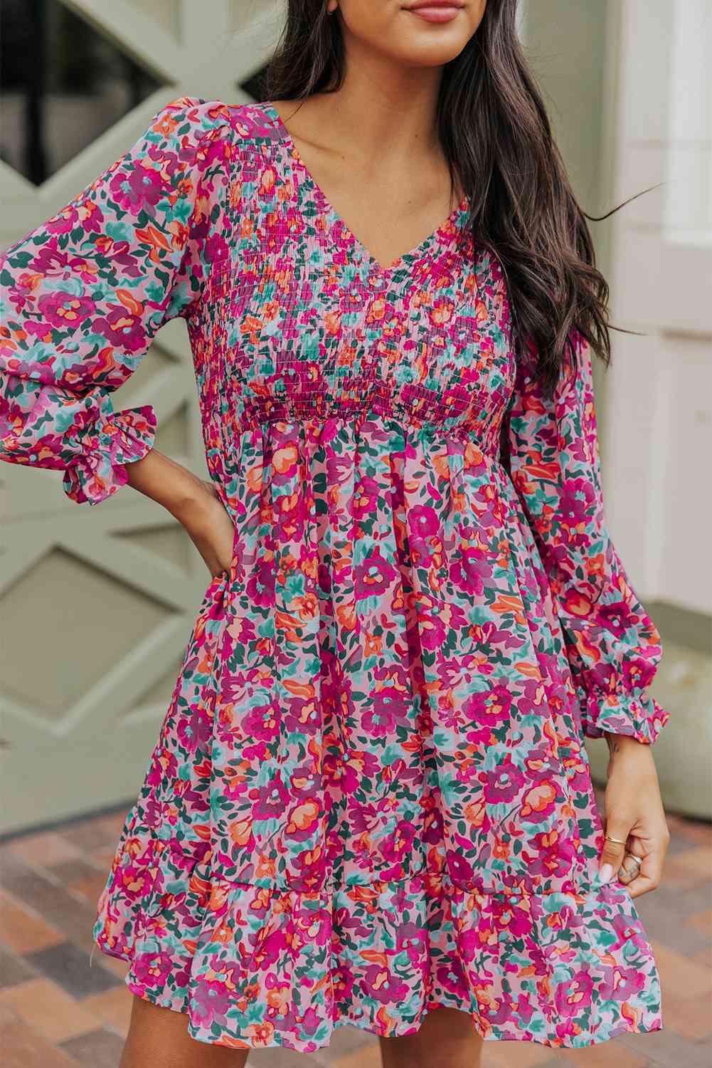 Floral Smocked V-Neck Flounce Sleeve Dress -BazaarBey - www.shopbazaarbey.com