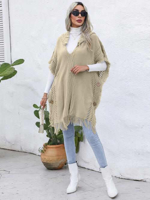Fringe Trim Buttoned Hooded Poncho Bazaarbey