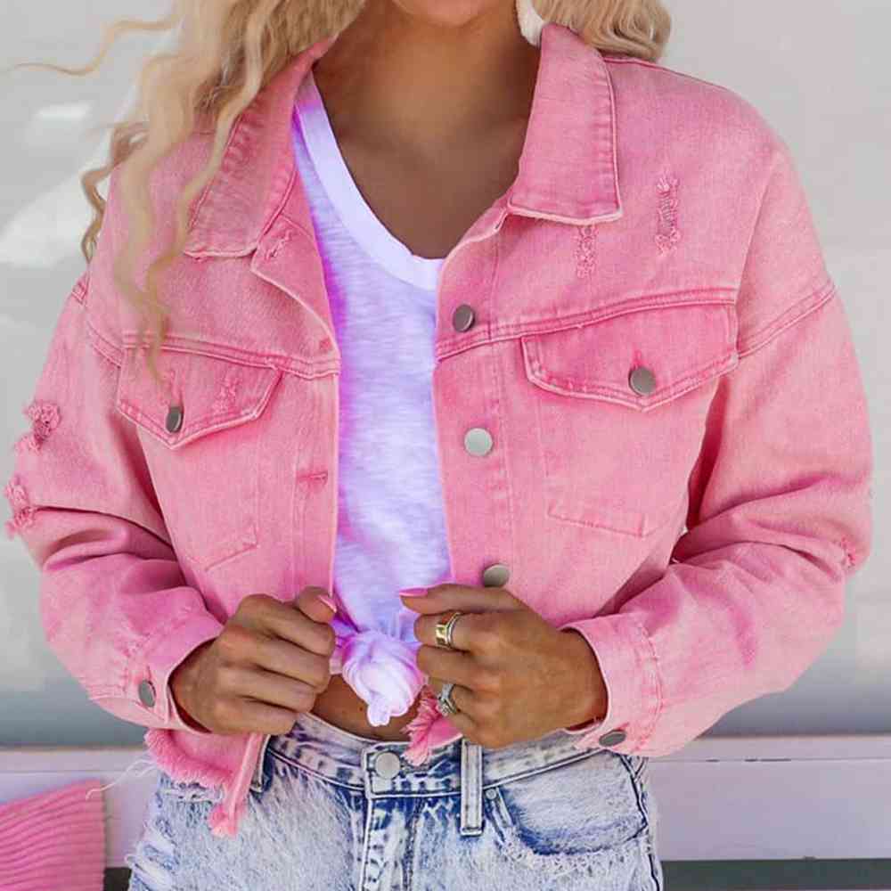 Distressed Raw Hem Dropped Shoulder Denim Jacket Bazaarbey