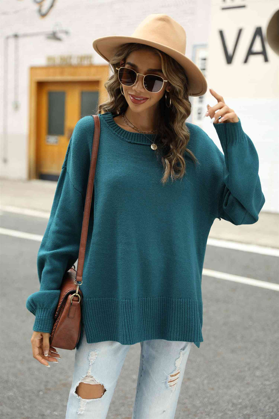 Round Neck Dropped Shoulder Slit Sweater Bazaarbey