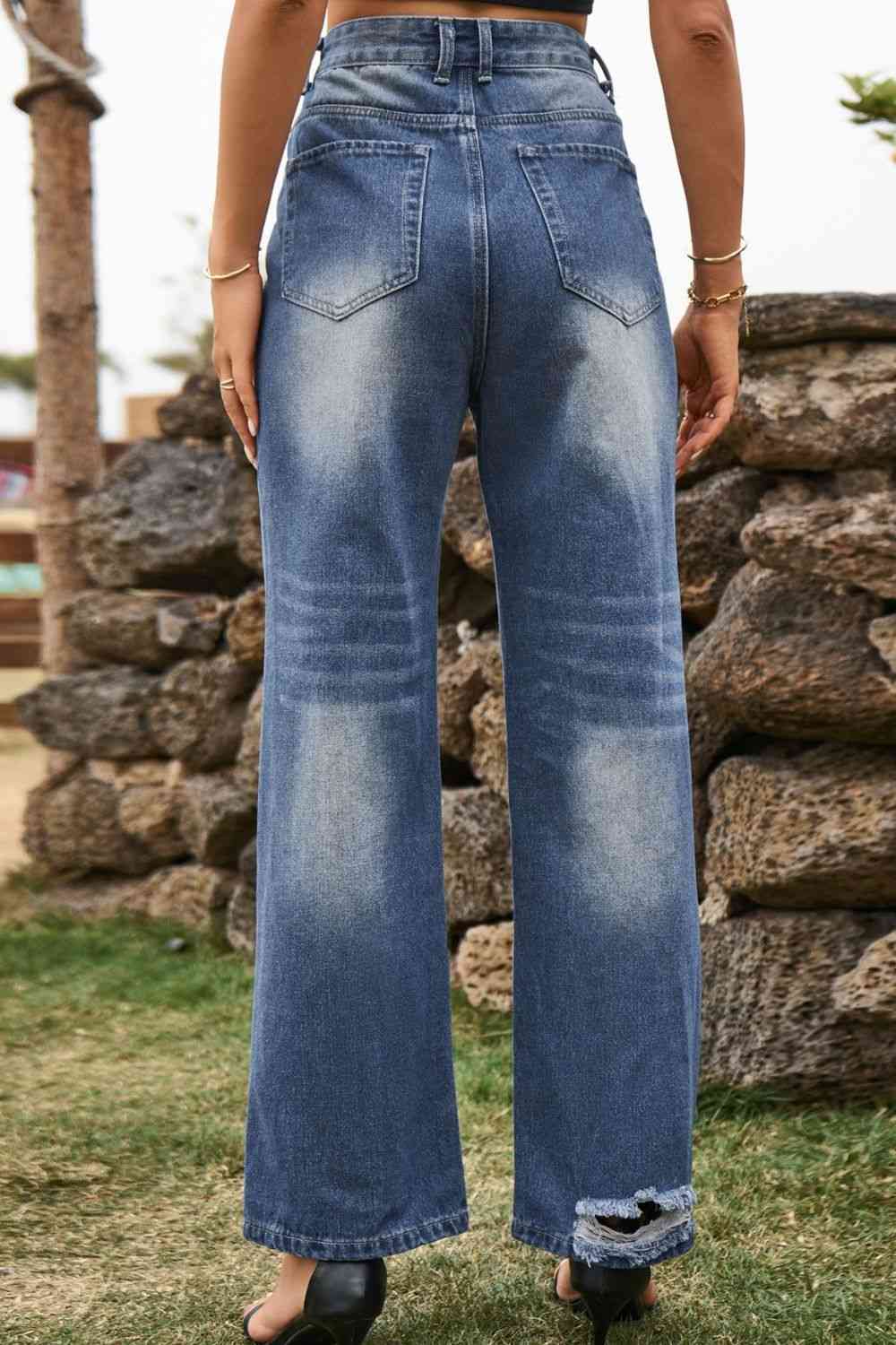 Distressed Buttoned Loose Fit Jeans Trendsi