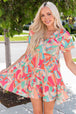 Multicolored Tie Neck Short Sleeve Tiered Dress -BazaarBey - www.shopbazaarbey.com