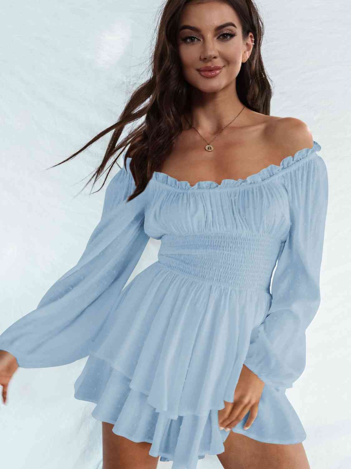 Off Shoulder Smocked Waist Romper -BazaarBey - www.shopbazaarbey.com