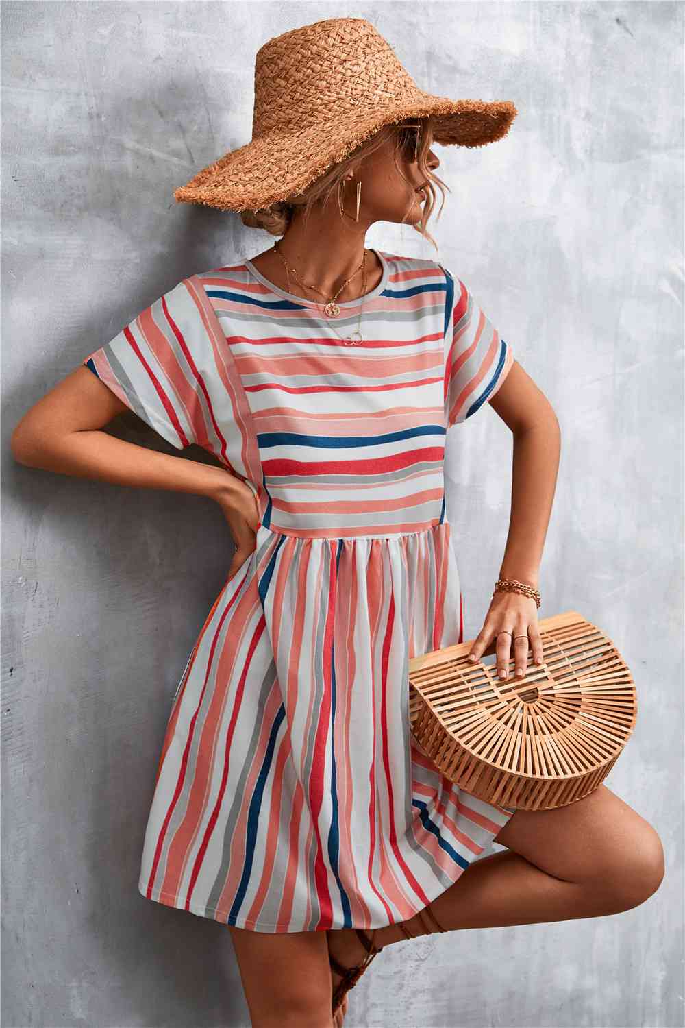Striped Round Neck Dress -BazaarBey - www.shopbazaarbey.com
