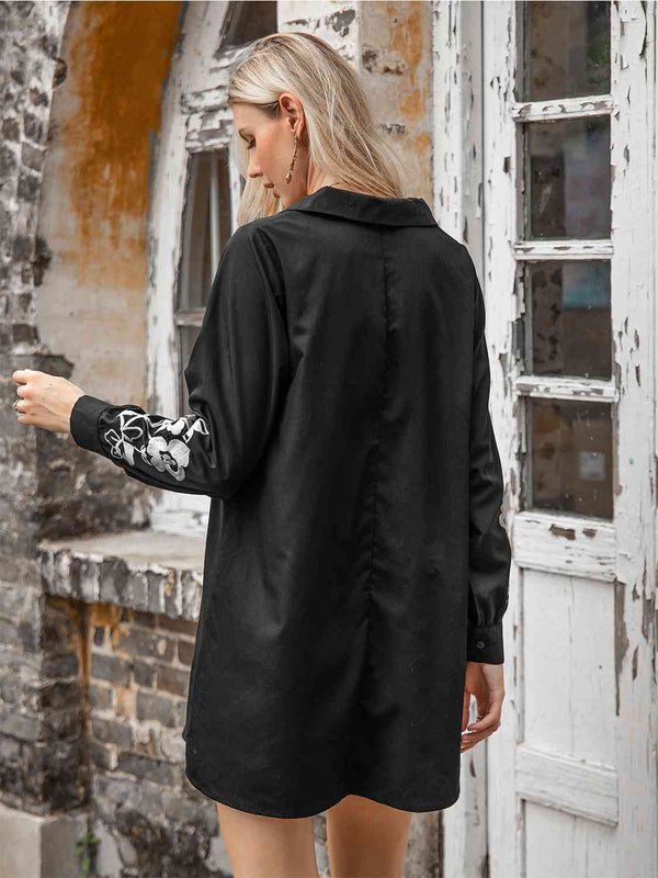 Floral Collared Neck Long Sleeve Dress -BazaarBey - www.shopbazaarbey.com