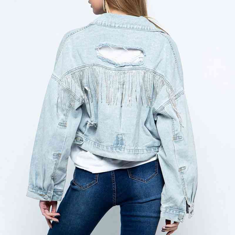 Cropped Collared Neck Dropped Shoulder Denim Jacket Bazaarbey