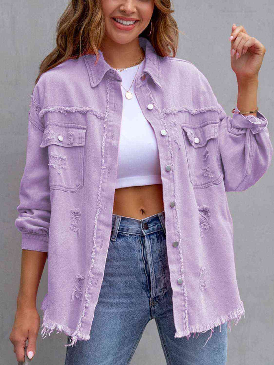 Distressed Drop Shoulder Denim Jacket Bazaarbey