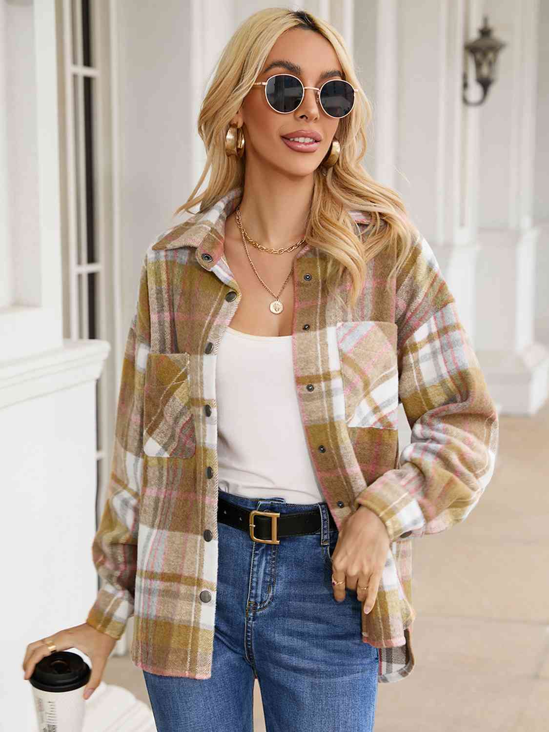 Snap Up Plaid Collared Neck Jacket with Pocket Trendsi
